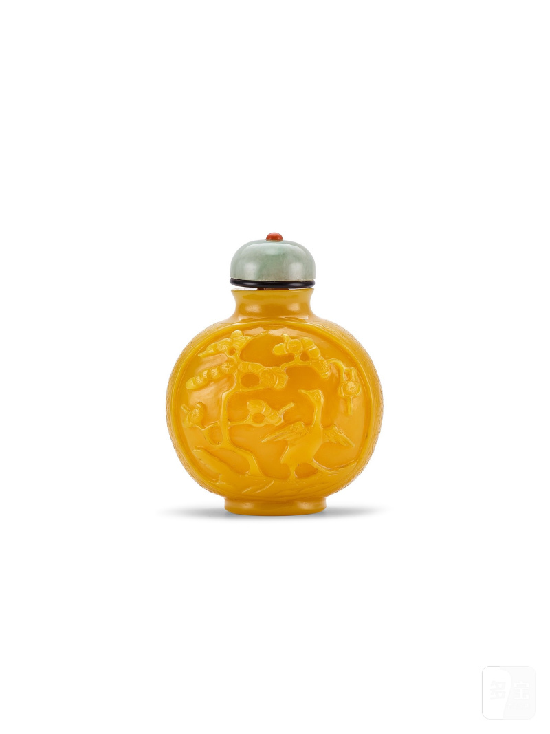 清　黃料鹿鶴同春圖鼻煙壺 | A YELLOW GLASS 'LONGEVITY' SNUFF BOTTLE - 图7